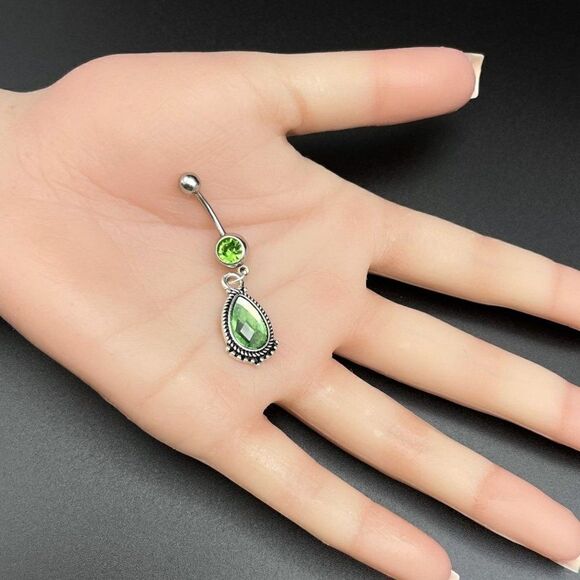 316L Stainless Steel with Emerald Green Cubic Zirconia Teardrop 14G Belly Ring - Picture 7 of 7